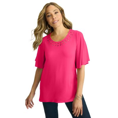 Plus Size Women's Cutout Flutter Sleeve Tunic by Jessica London in Pink Burst (Size 1X)