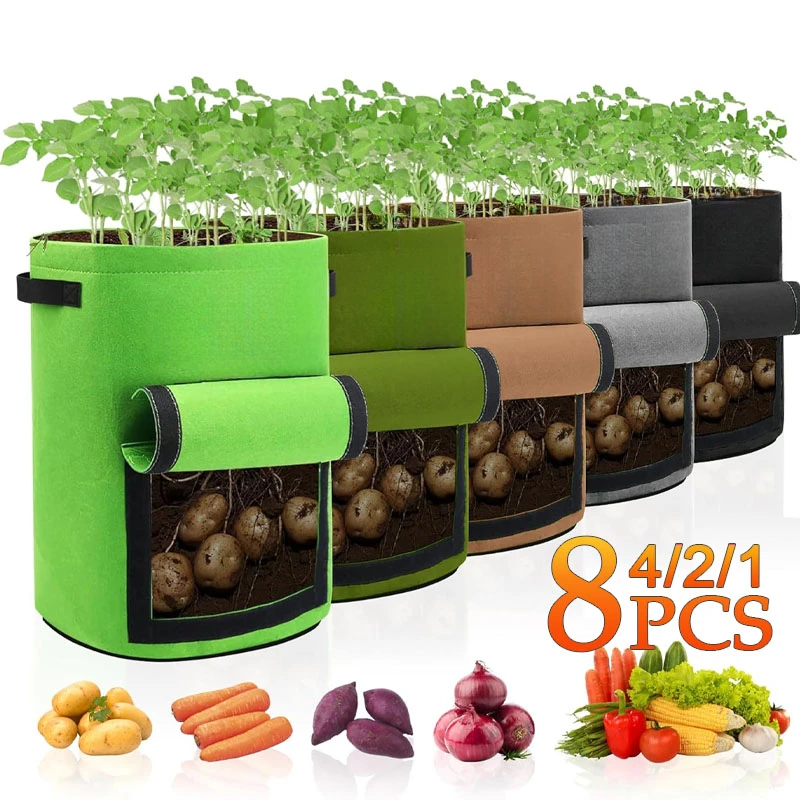 1-8PCS 5/10 Gallonen Filz Kartoffel Pflanzbeutel Große Durchmesser Gemüse Pflanze Sämling Tasche Vlies Garten Kartoffel wachsende Eimer Image