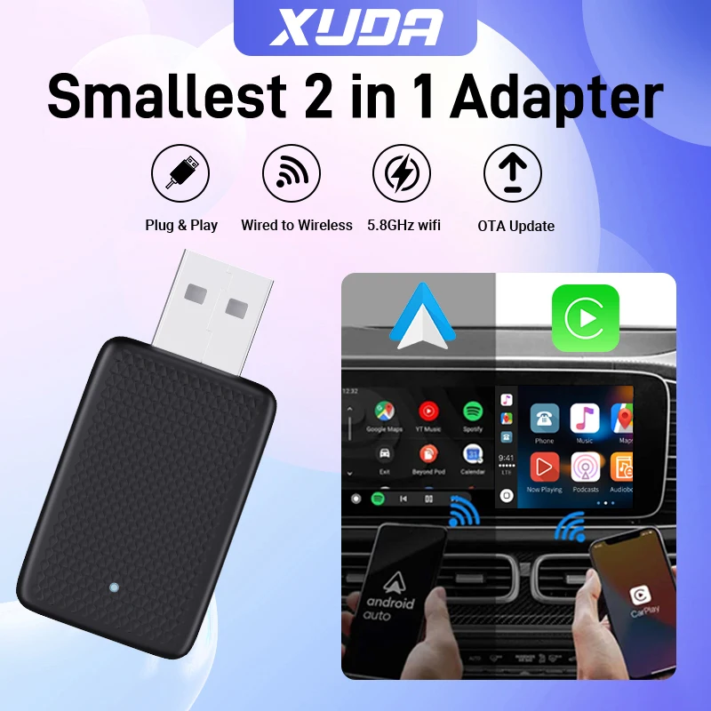 XUDA NEU Mini Wired zu Wireless CarPlay und Android Auto 2in1 Adapter Übertragungsgeschwindigkeit Plug and Play Modisch und tragbar Image