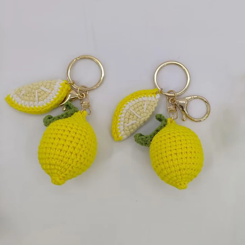 Kreative Obst-Serie, gehäkelter Schlüsselanhänger, niedliche Zitronenpuppe, strickende Schlüsselanhänger für Taschenanhänger, handgefertigte Strick-Ananas-Zitronen-Schlüsselanhänger Image