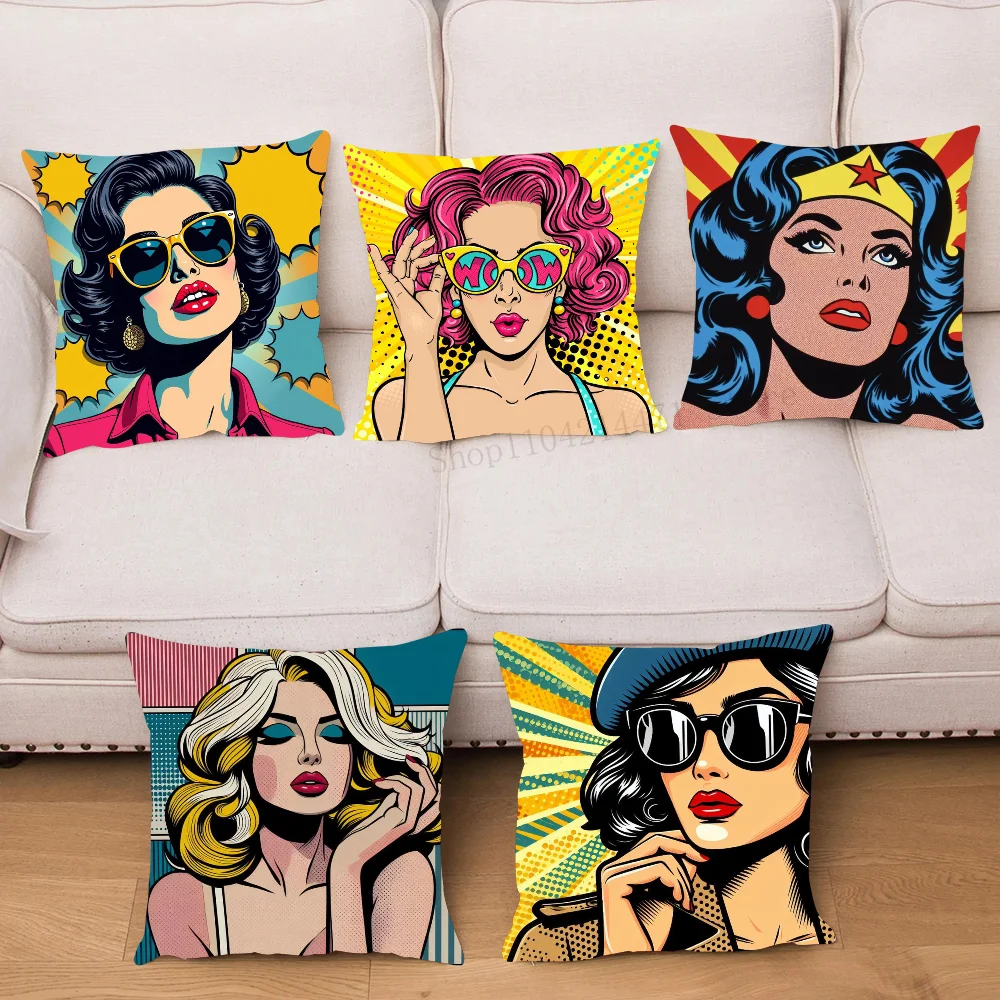 1pc Bunte Pop Art Leinwand Comic Frau Kissen Fall Platz Schlafzimmer Sofa Freizeit Komfort Kissen Auto Wohnzimmer Hause Dekoration