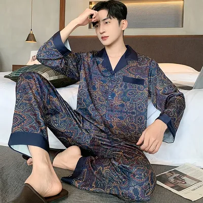 Hohe Qualität Männer Pyjamas Anzug Frühling Herbst Eis Seide High-end-Langarm Nachtwäsche Set Weiblichen Ethnischen Stil Große größe Loungewear Image
