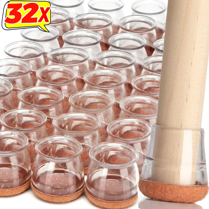 32/1 Stück Silikon-Stuhlbeinkappe mit Filzpolstern für Hartholzböden, Möbelschutzpolster, reduziert Geräusche, transparente Tischstopfenabdeckungen Image