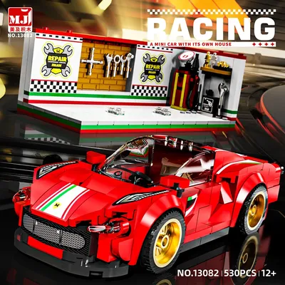4 Typ berühmte Renn geschwindigkeit sauto mit Garage Bausteine DIY Moc Baukasten Ziegel Fahrzeug Spielzeug Geschenk für Kinder Kinder Image