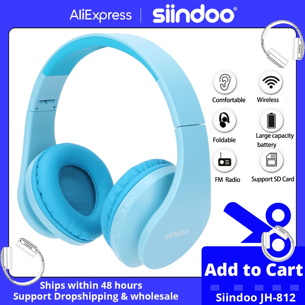 Siindoo JH-812 Cuffia Bluetooth blu Auricolari musicali stereo pieghevoli FM e supporto scheda SD con microfono per PC mobile Samsung TV