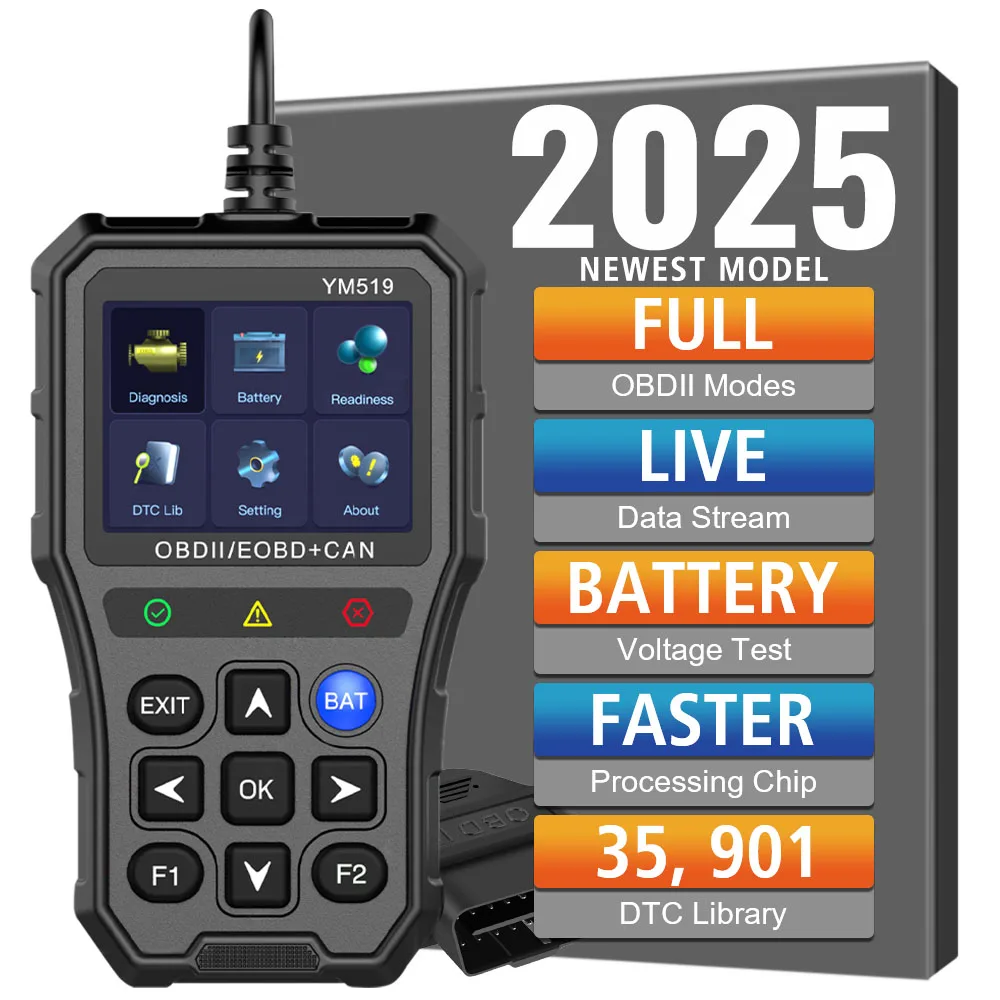 Testeur de batterie, lecteur de Code, Scanner de Code de défaut, lecteur de Code OBD2, outil de Diagnostic de voiture multilingue YM519, contrôle du système de moteur