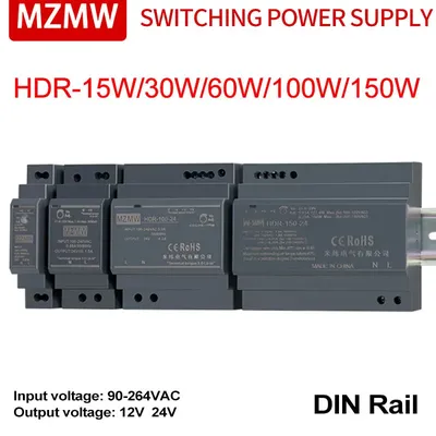 MZMW Industrial DIN Rail Switching Power Supply HDR 15W 30W 60W 100W 150W 100-240V AC/DC 12V 24V