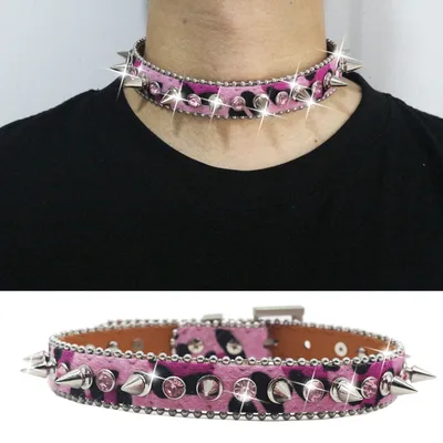 Unisex Leopard Rhinestone Rivets Black Goth Punk Chokers Gothic Choker Collars for Women Hip Hop