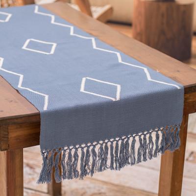 Weaving with Love,'Handloomed Cotton Table Runner in Blue with Diamond Patterns'