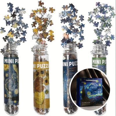 TEMU 4pcs Mini Jigsaw Puzzles 600pcs For Adults Challenging Starry Night River Sunflower 10*15cm In Gift Bag Van Painting Christmas Gift