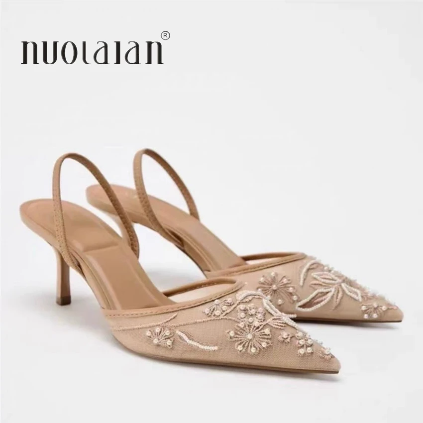 Marke Designer Frauen Hochzeit Pumpen Mesh Gestickte Blumen Zurück Strap Sexy Slingback High Heel Kleid Schuhe für Damen