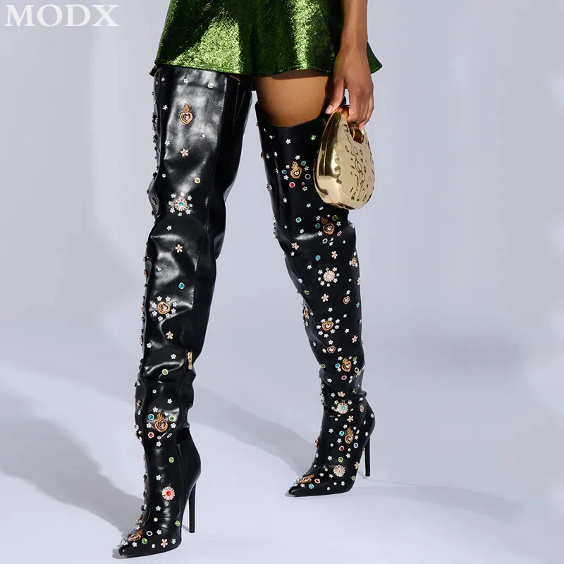 Overknee-Stiefel mit farbigem Edelstein-Dekor, glitzernde Strasssteine, spitzer Zehenbereich, dünner Absatz, Oberschenkelstiefel, große Luxus-Laufsteg-Schuhe für Damen