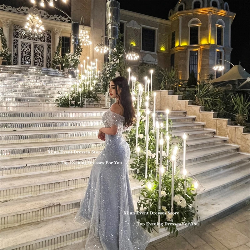 Xijun Glitzer Baby Blue Mermaid Abendkleider Ärmel aus der Schulter Lange Ballkleider Saudi-arabische Ballkleider Maßgeschneidert Image