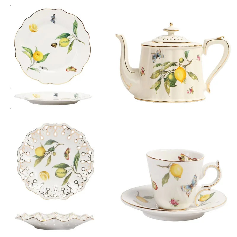 Europäisches Zitronen-Espresso-Tassenset Retro Elegantes Keramik-Teeservice Dessertteller Löffel Trinkgeschirr Goldrandiges Teeset Image
