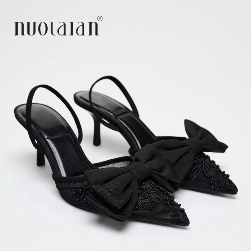 Schwarze Schleife mit Knoten, High Heels, Sandalen für Damen, 2022, Sommer-Slingback-Pumps, Vintage-Satin, spitze Zehen, elegante Party-Damenschuhe