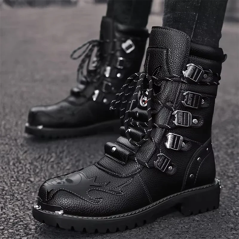 Herren Motorradstiefel Outdoor-Stiefel Vier Jahreszeiten Mode Fahrradschuhe High Top Herren Freizeitstiefel PU-Lederstiefel Plus Größe 46