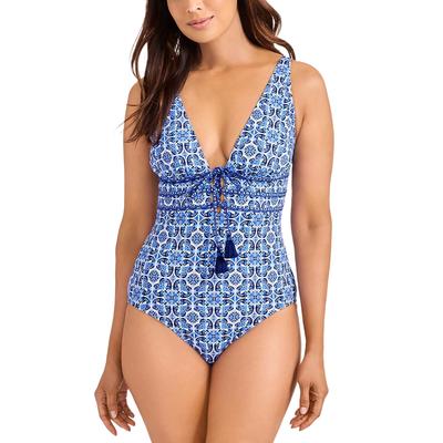Tommy Bahama Terrazzo Tile Tie Front One Piece Swimsuit - Palace Blue Rev