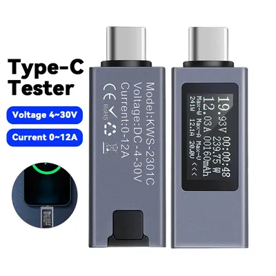 KWS-2301C Type-C Digital Display DC Voltage Ammeter 4-30V Multi-function Power Meter for Cell Phone