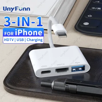 3in1 HDTV Adapter for iPhone with Charging Port iPhone to HDTV OTG Adapter to TV Monitor Projector USB Drive MIDI Keyboard Mouse