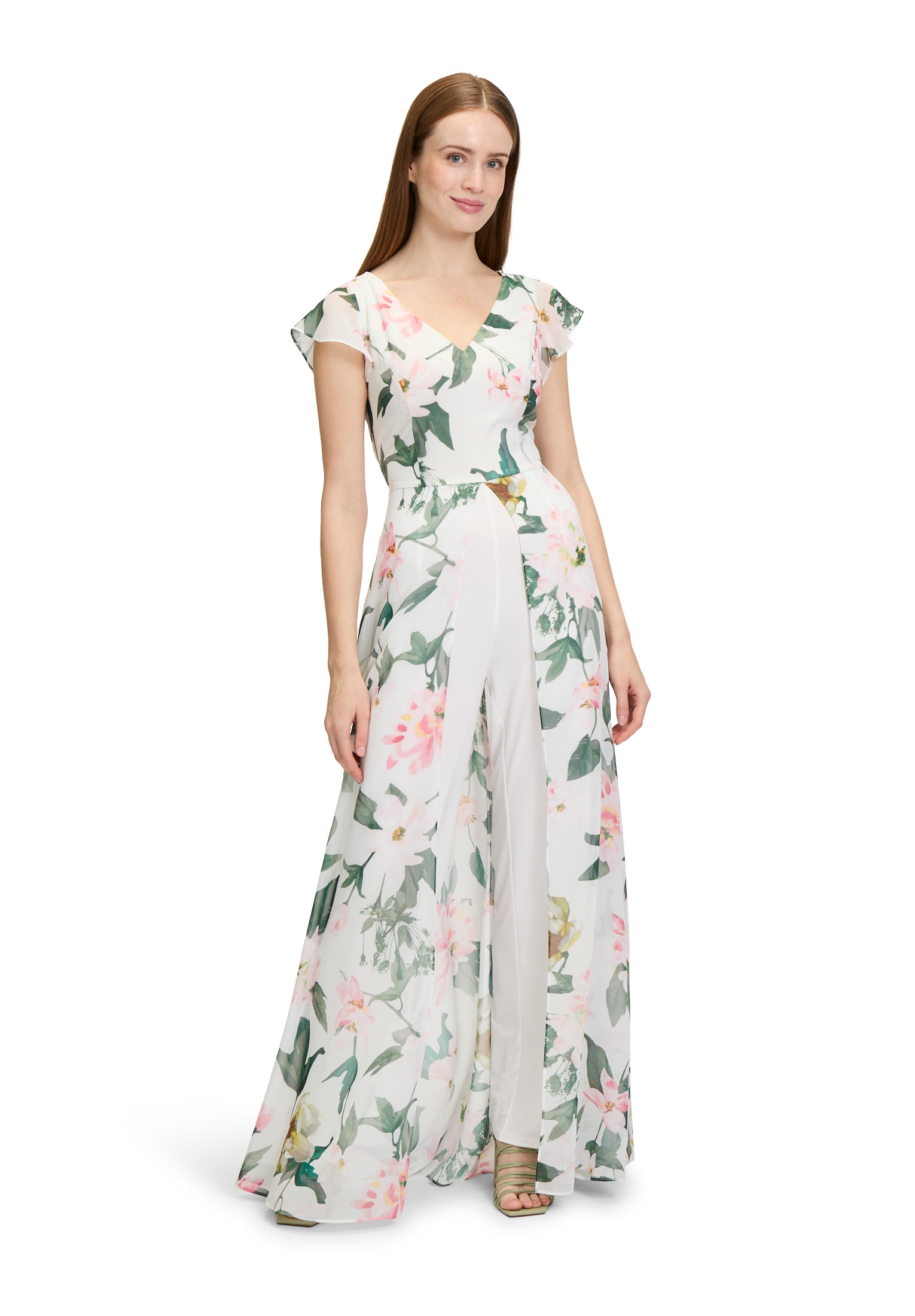 Overall VERA MONT "Damen kurzarm", Damen, Gr. 36, Normalgrößen, rosa (cream, rosé), Jersey, Obermaterial: 100% Polyester. Futter: 100% Polyester., ausgestellt, V-Ausschnitt, Overalls Volantrock, Druck