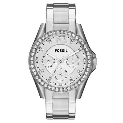 Multifunktionsuhr FOSSIL "RILEY", silber (silberfarben), Armbanduhren, Damen, Quarzuhr, Armbanduhr, Damenuhr, Datum, Glassteine, Lederarmband Image