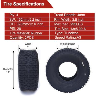 Set of 2 Tires - 4PR Ply Tubeless for Lawn Mowers, Garden Tractors