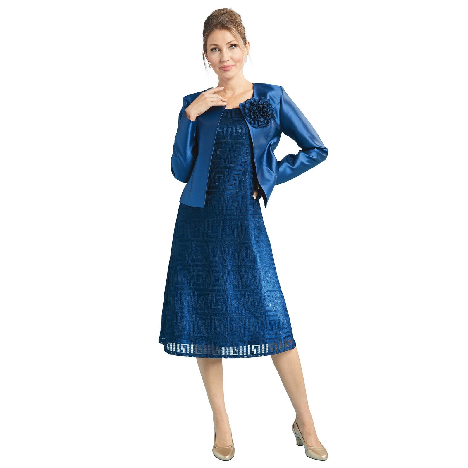 Masseys Geometric Dress with Jacket (Size 28W) Navy, Polyester