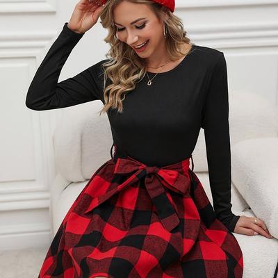 TEMU Tie Waist Dress, Elegant A-line Crew Neck Long Sleeve Mini Dress For Spring & Fall, Women's Clothing Image