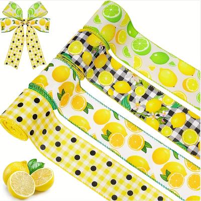 TEMU Summer Lemon Thread Edge Hemp Rope With Grid Stripe Polka Dot Ribbon Fabric Decorative Craft Ribbon Roll Gift Packaging Decorative Hair Accessories Bow Stitching, 2.5 Inch 4 Rolls 5 Yards