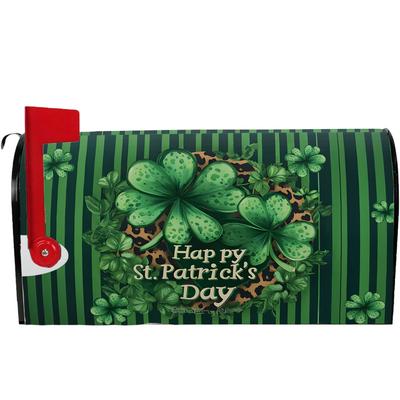 TEMU 1pc 's Day Magnetic Mailbox Cover - Waterproof Polyester, Standard Size 18x21in, Green Shamrock And Leopard With 