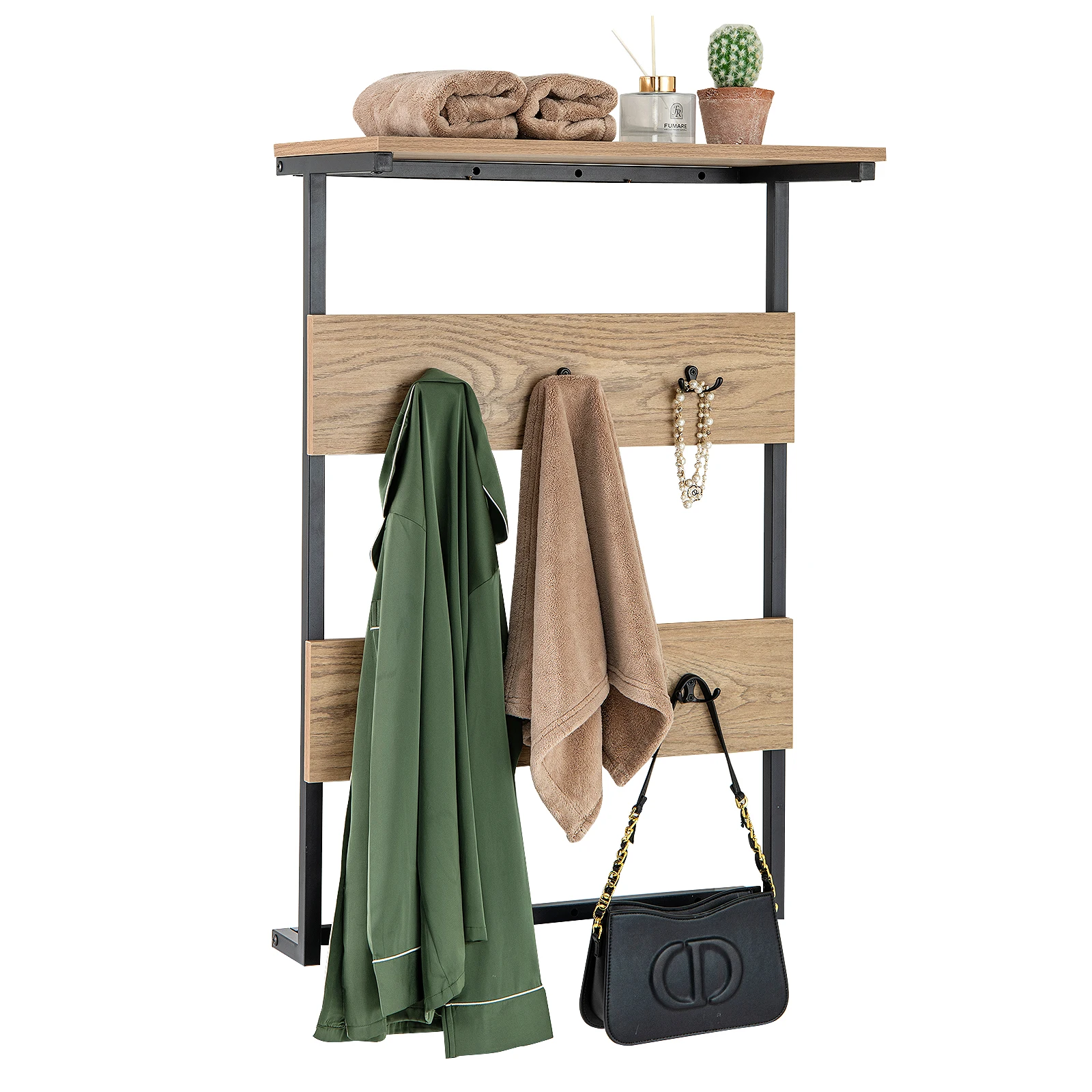 Wandgarderobe mit Ablage, Wandregal mit 6 Haken, Garderobenleiste industriell mit Metallrahmen, Kleiderstange Garderobenpaneel