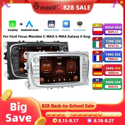 Podofo 7'' Android Multimedia Player for Ford Focus Mondeo C-MAX S-MAX Galaxy II Kuga GPS Navigation 2+64G Carplay Android Auto