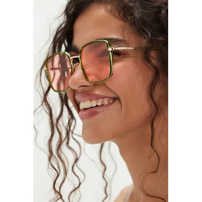 Beau Square Sunglasses at Free People in Lime With Peach Lens