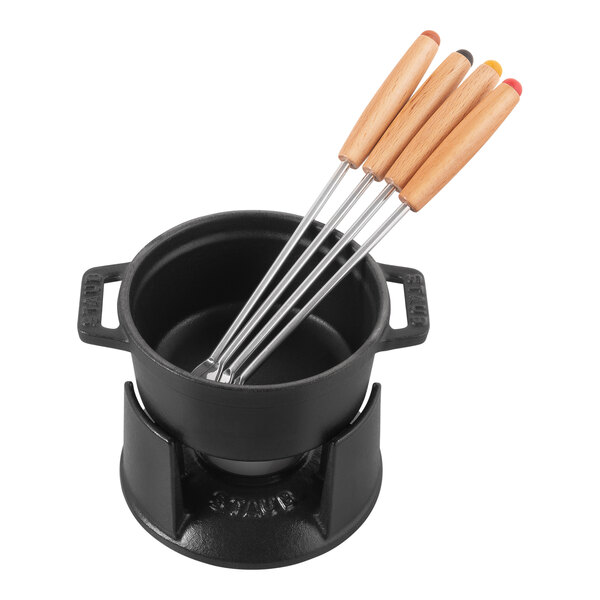 Staub 8 oz. Black Enameled Cast Iron Fondue Pot with 4 Forks, 1 Stand, and 1 Burner 1004139