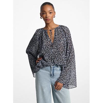 Michael Kors Floral Georgette Flared Sleeve Blouse Blue S