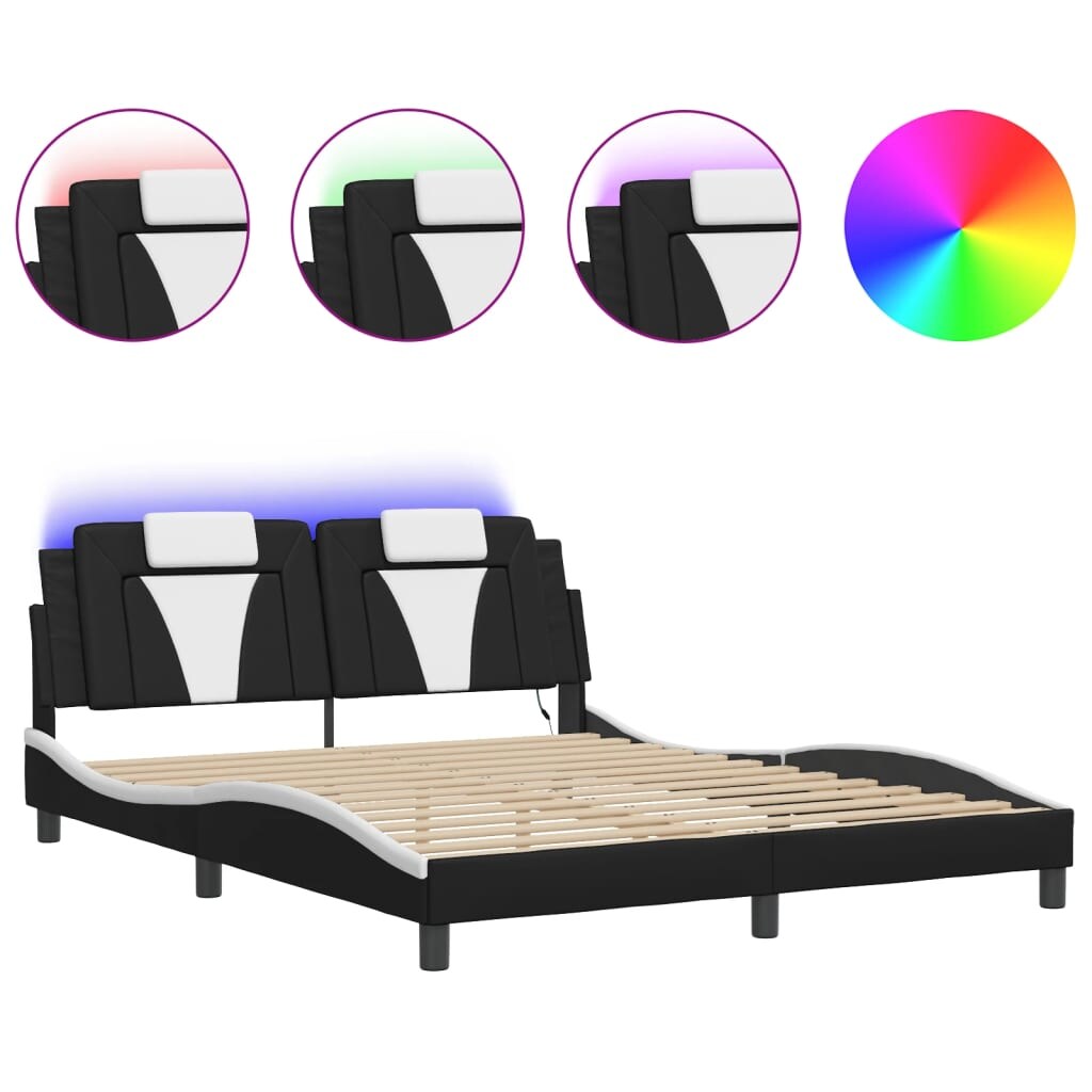 vidaXL Bettgestell mit LED Schwarz und Weiß 160x200 cm Kunstleder Image