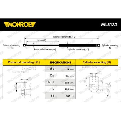 MONROE Gasfeder, Koffer-/Laderaum 500N für VW 1J6827550C 1J6827550 1J9827550 1135-6401 Image