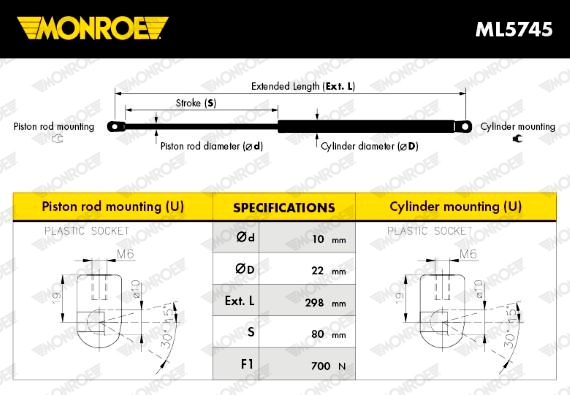 MONROE Gasfeder, Koffer-/Laderaum 700N für AUDI 8E5827552J 8E5827552K 1135-6581 Image