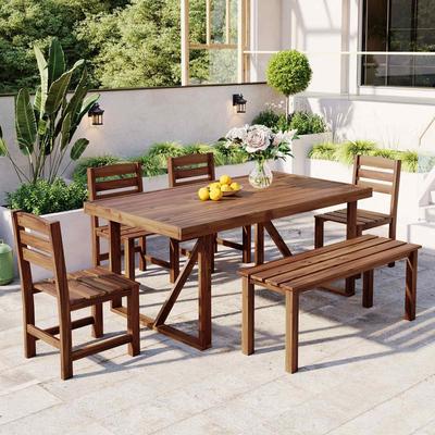 6-Piece Outdoor Acacia Wood Rectangular Dining Set with Chairs, Bench