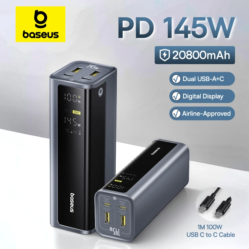 Baseus 145W Power Bank 20800mAh Dual USB A USB C PD 100W Schnellladung Digitalanzeige Tragbare PowerBank für Laptop Telefon Steam Image