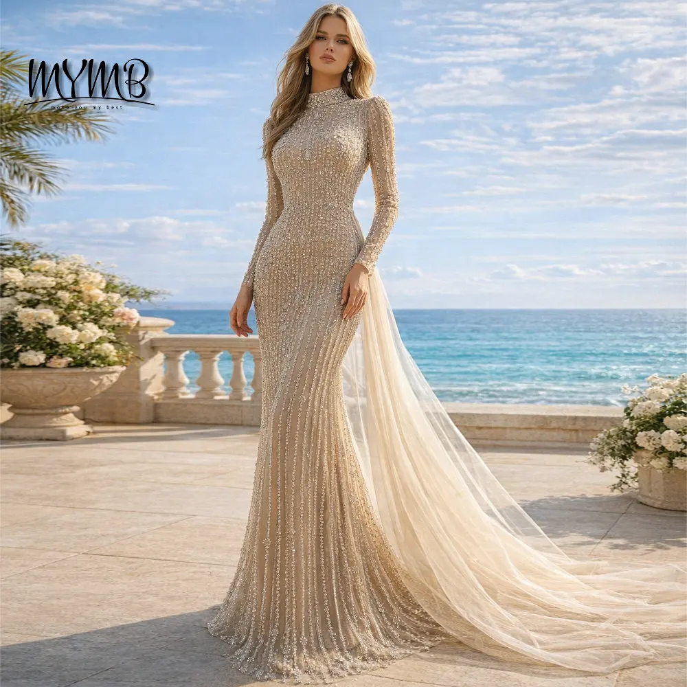 Mymb nackt elegante lange Ärmel muslimische formelle Anlass Kleider mit Seiten zug schöne Perlen Meerjungfrau High Neck Abendkleider