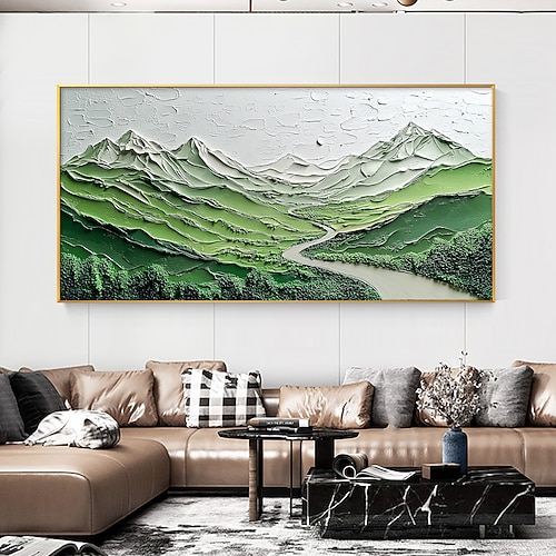 handgemachtes Originalgemälde „Grüne Berge" Ölgemälde auf Leinwand abstrakte Flusstallandschaft Wandkunst für Wohndekoration mit gespanntem Rahmen/ohne Innenrahmen Image