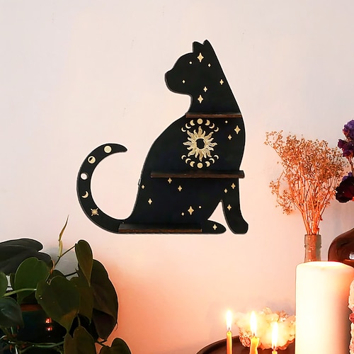 Wandregal mit schwarzer Katzensilhouette und goldenen Akzenten – Boho-Hängedisplay aus Holz für Kristalle, Kerzen und Dekor – süßes Wandregal mit Kätzchen für Wohnzimmer, Schlafzimmer und als Image