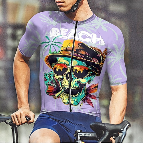Herren Radtrikot Schädel Buchstaben Zahlen Kurzarm Fahhrad T-Shirt Trikot mit 3 Gesäßtaschen Mountainbike MTB Schnelltrocknend Anatomisches Design Feuchtigkeitsableitend Atmungsaktiv Sport Purpur Image