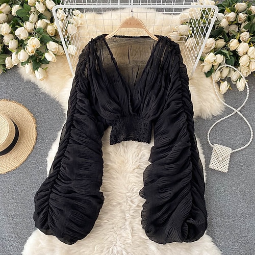 Damen Bluse Chiffon Tops Gerafft Einfach Stilvoll Langarm Puffärmel V Ausschnitt Crop Tops Ferien Ausgehen Schwarz Weiß Purpur Grün Frühling Image