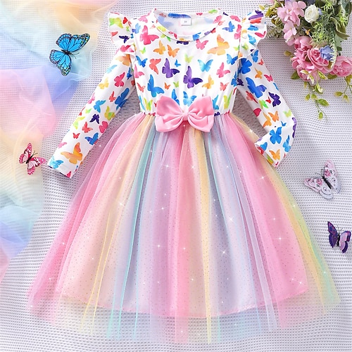 kinderkleidung Mädchen Kleid Schmetterling Hase Kaninchen Langarm Outdoor Casual Modisch Kuschelig Polyester Knielang Casual kleid A Linie Kleid Sommer 4 Jahre Rosa Purpur Orange Image
