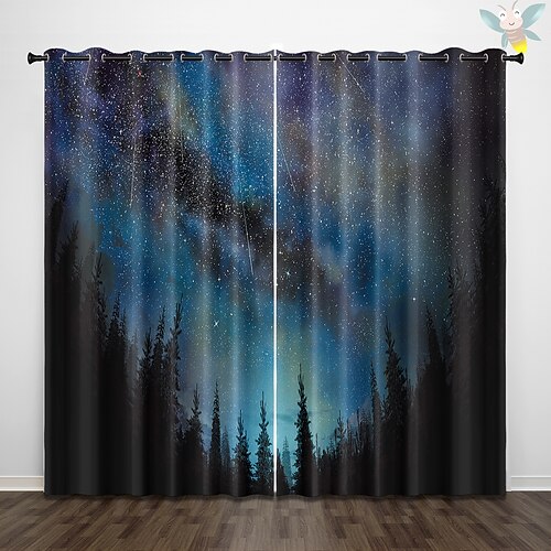 Nordischer Wald Sternenhimmel Isolierung Außenbalkon Ruhe Wohnzimmer Wohndekoration 2-teiliges Set 3D Digitaldruck perforierte Verdunkelungsvorhänge Image