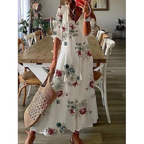 Damen kleid lang Boho-Kleid Kleid drucken Schößchen Kleider Romantisch Klassisch elegante kleider Puffärmel Urlaub Ausgehen Frühlingskleid Lockere Passform Graphic Blume Halbe Ärmel V Ausschnitt Wei