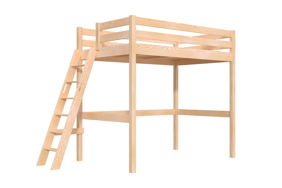 Lit mezzanine 1 place bois Sylvia 120x200 échelle inclinée - Vernis Naturel