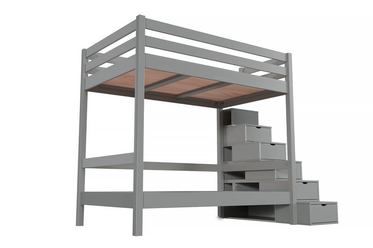 Lit superposé double 120x200 escalier de rangement Sylvia - Gris
